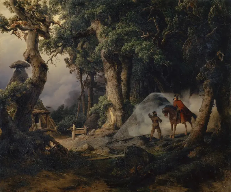 Charcoal Kiln in an Oak Tree Forest av Karl Friedrich Lessing
