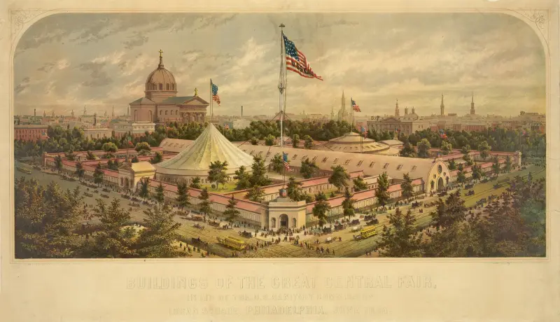 Byggnader vid Great Central Fair, till förmån för U.S. Sanitary Commission, Logan Square, Philadelphia, juni 1864, 1864 – nr 1 av James Fuller Queen