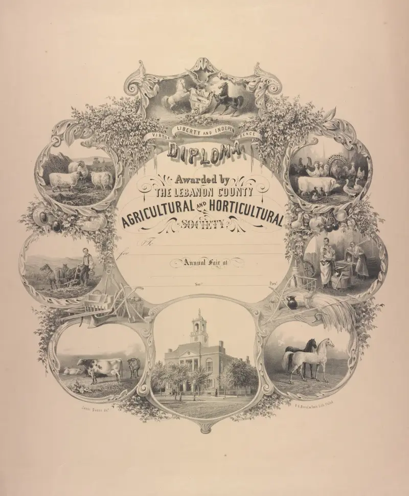 Diplom utfärdat av Lebanon County Agricultural and Horticultural Society av James Fuller Queen