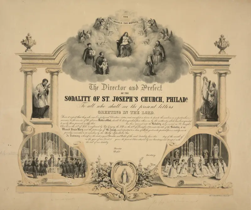 Direktorn och prefekten för St. Josephs kyrkas sodalitet, Philadelphia. Till alla som ser detta brev, hälsning i Herren av James Fuller Queen