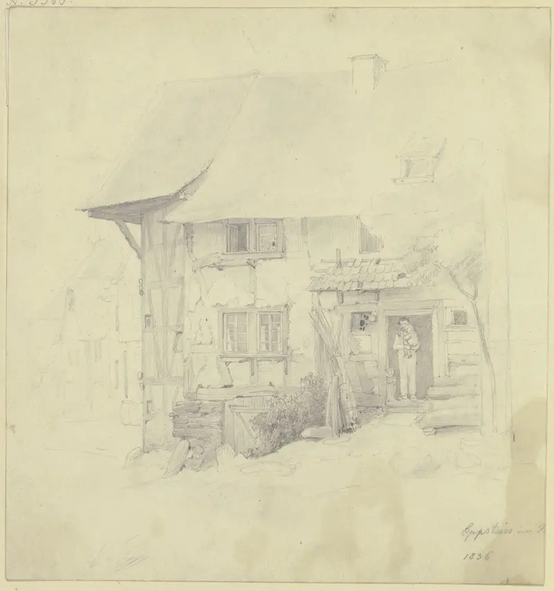 Bauernhaus in Eppstein, unter der Haustür steht ein Mann mit einem Kind auf dem Arm von Jakob Fürchtegott Dielmann