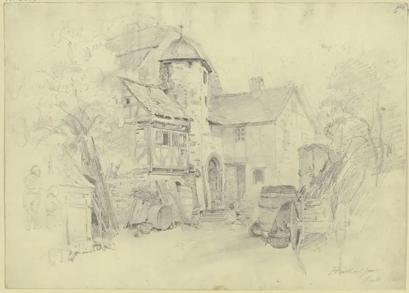 Bondgård, till höger en vagn, tunnor och en korg av Jakob Fürchtegott Dielmann