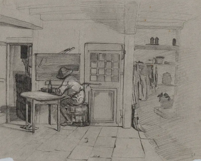 En bondgårdsinteriör med en pojke vid ett bord, 1846 – nr 1 av Alexandre-Gabriel Decamps
