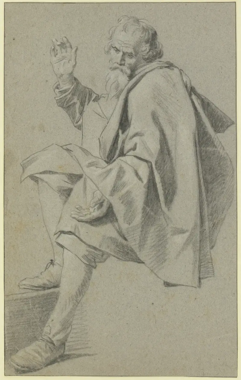 Bärtiger Mann sitzend nach links, die Rechte mit angewinkeltem Mittelfinger erhoben von Gabriel Metsu