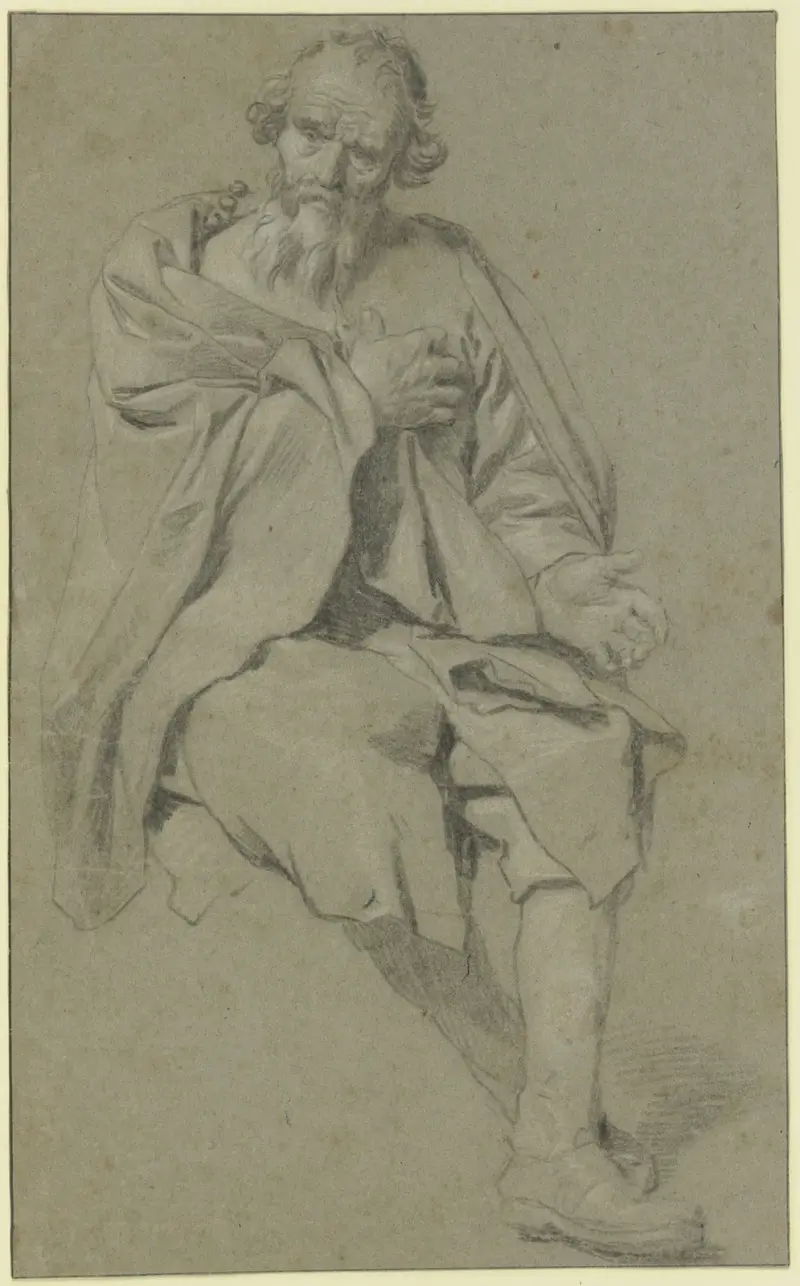 Bärtiger Mann sitzend nach rechts, die Rechte auf die Brust gelegt von Gabriel Metsu