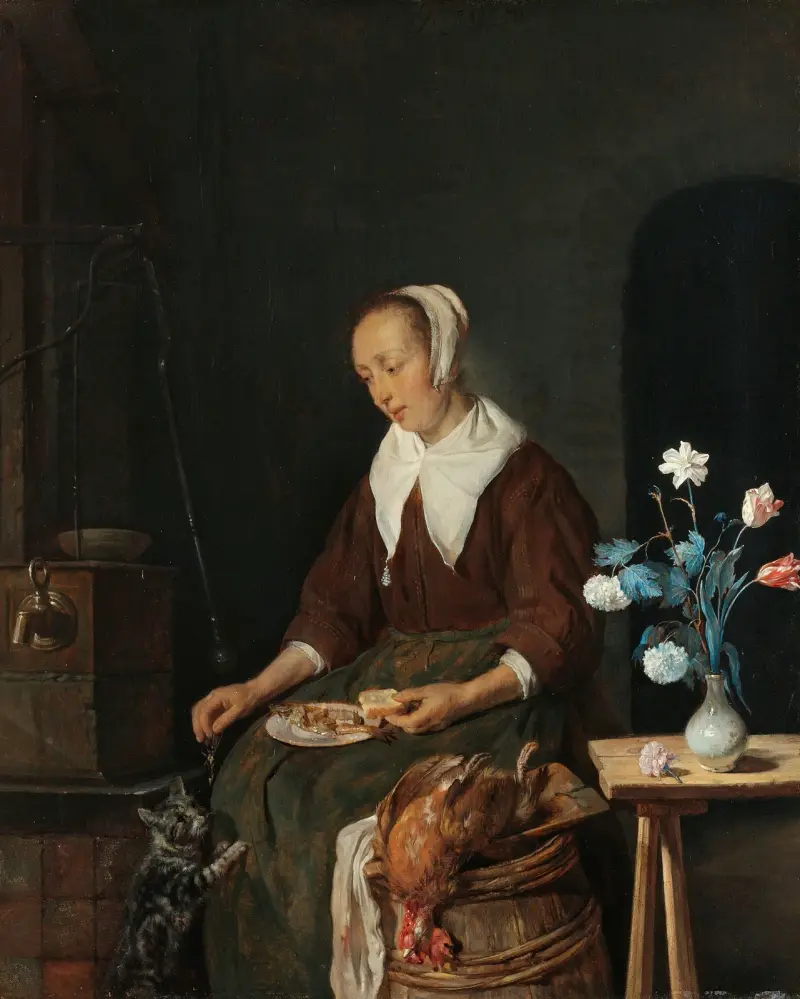 Kvinna som äter, känd som 'Kattens frukost' av Gabriel Metsu