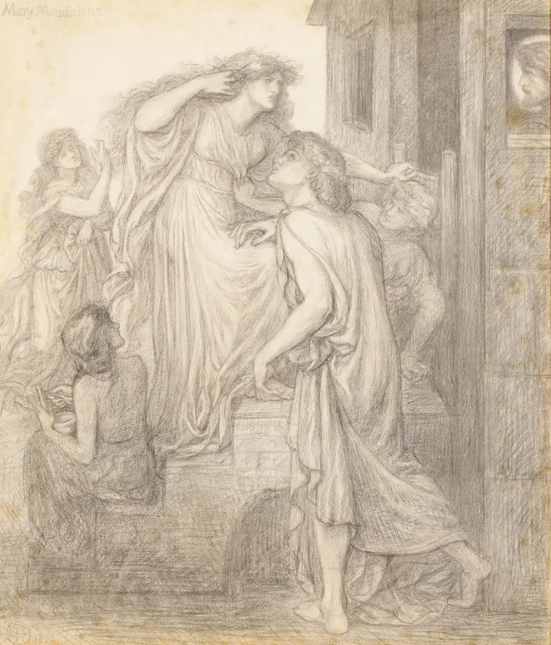 Maria Magdalena vor der Tür des Pharisäers Simon – Kompositionsstudie von Dante Gabriel Rossetti