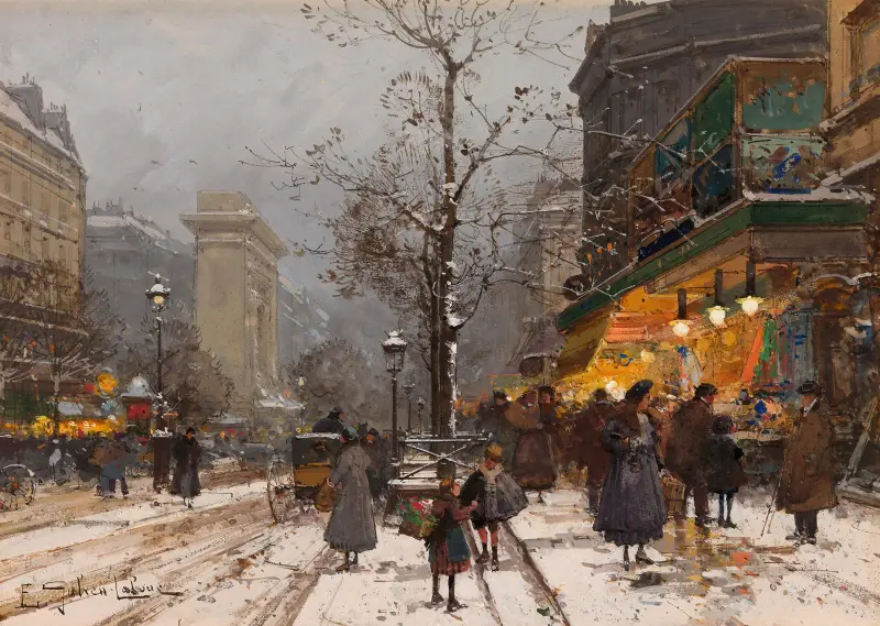Boulevard Bonne-Nouvelle i snö av Eugène Galien-Laloue