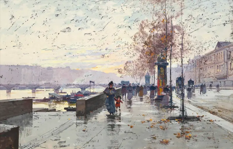 Figurer vid Quai du Louvre, Paris av Eugène Galien-Laloue