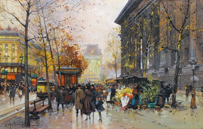 Blomstermarknaden vid La Madeleine av Eugène Galien-Laloue