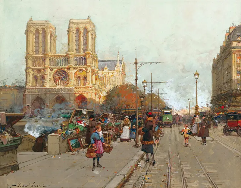 Notre-Dame de Paris, vy från Quai de Montebello av Eugène Galien-Laloue