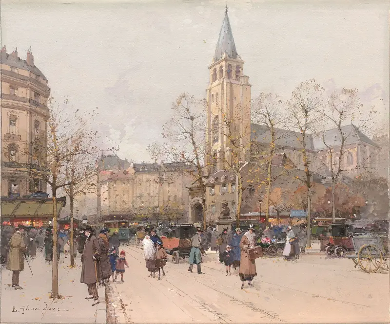 Vy över boulevarderna vid Saint-Germain-des-Prés av Eugène Galien-Laloue