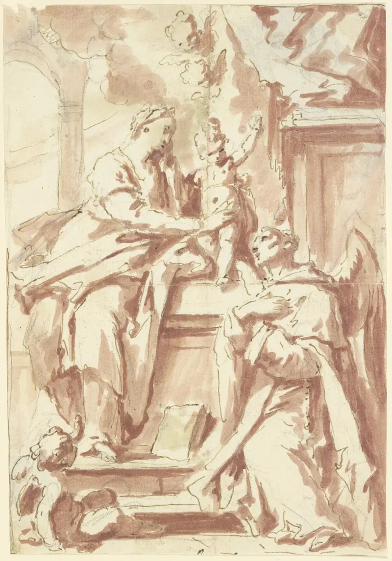 Ein Mönch mit Flügeln verehrt die Madonna von Gaspare Diziani
