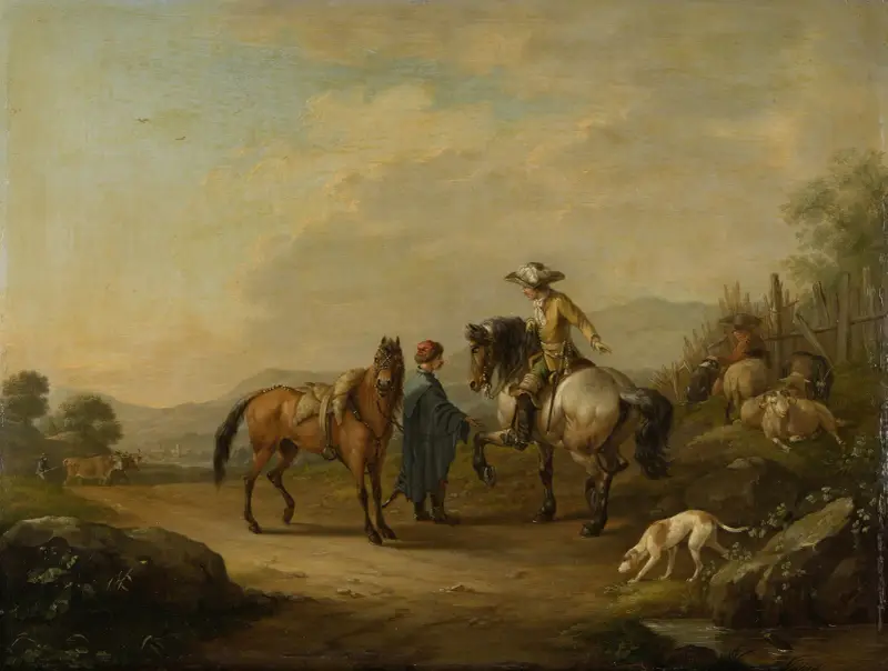 Ein Herr zu Pferd mit seinem Pferdeknecht von Johann Georg Pforr