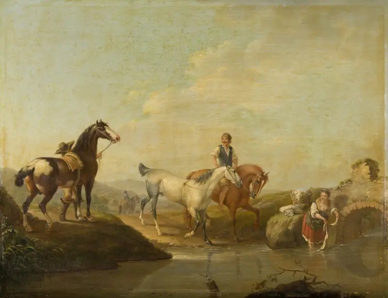 En stalldräng leder två hästar till vattnet av Johann Georg Pforr
