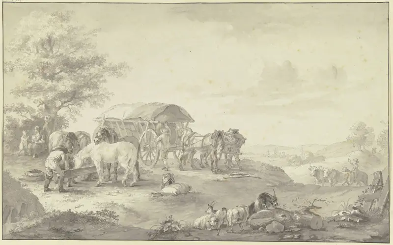 En lastvagn lastad med säckar på fältet under ett träd av Johann Georg Pforr