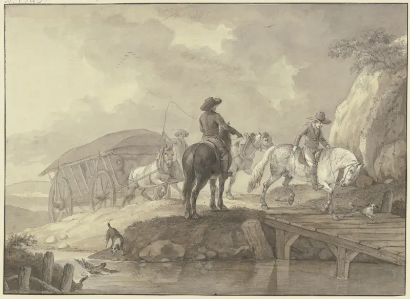En lastvagn lastad med säckar, åtföljd av två ryttare och två hundar, korsar en bro av Johann Georg Pforr