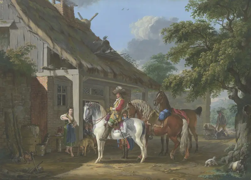Ein reich gekleideter Kavalier hält mit drei Pferden und einem Diener vor einem Bauernhaus, eine barfüßige junge Frau schenkt ihm ein von Johann Georg Pforr