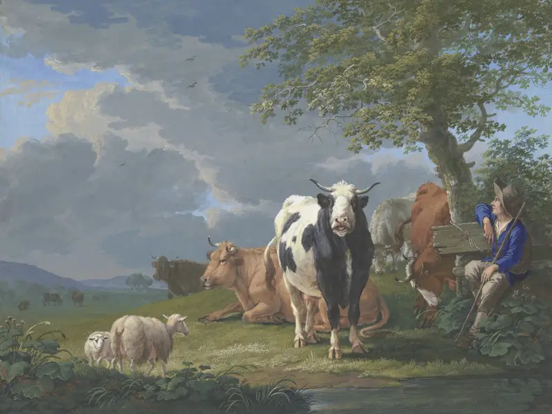 Hirte unter einem Baum mit seiner Rinderherde und zwei Schafen von Johann Georg Pforr