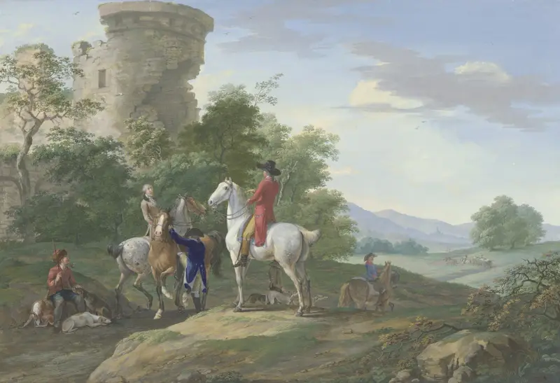 Jäger mit Pferden und Jagdhunden machen bei einer Ruine halt von Johann Georg Pforr