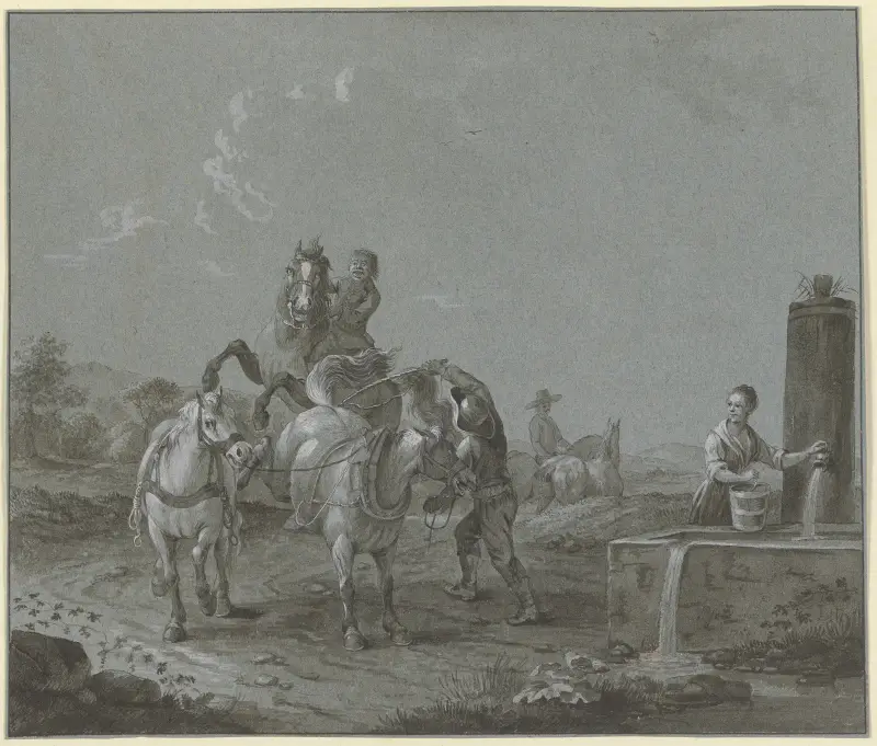 Pojke på en stegrande häst, framför en dräng med två hästar, till höger en ung kvinna med en hink vid brunnen av Johann Georg Pforr