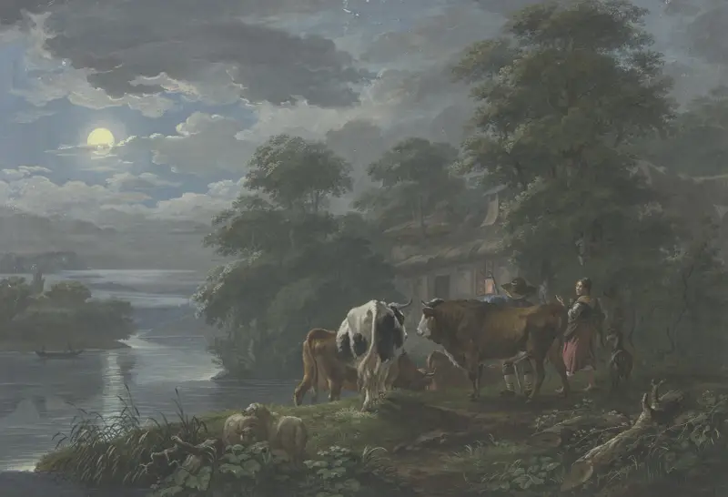 Månskenslandskap vid en flod, herde och herdinna driver boskapen till gården av Johann Georg Pforr