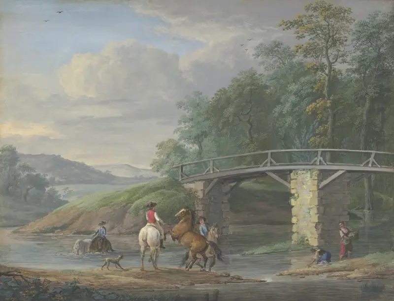 Hästar vid vattningsstället vid en bro, till höger två tvätterskor av Johann Georg Pforr
