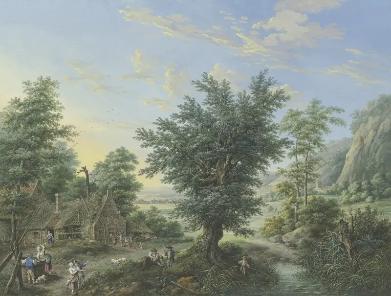 Weite Landschaft mit Bäumen, Wiesen und Dörfern, links im Vordergrund eine Hütte mit Brunnen und vielen Figuren von Johann Georg Pforr