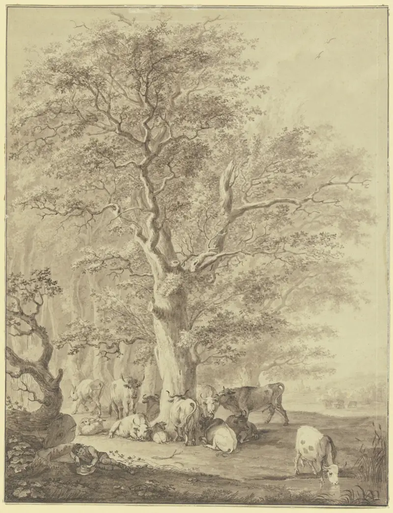 Kohjord med två får och en herde som vilar under en ek av Johann Georg Pforr