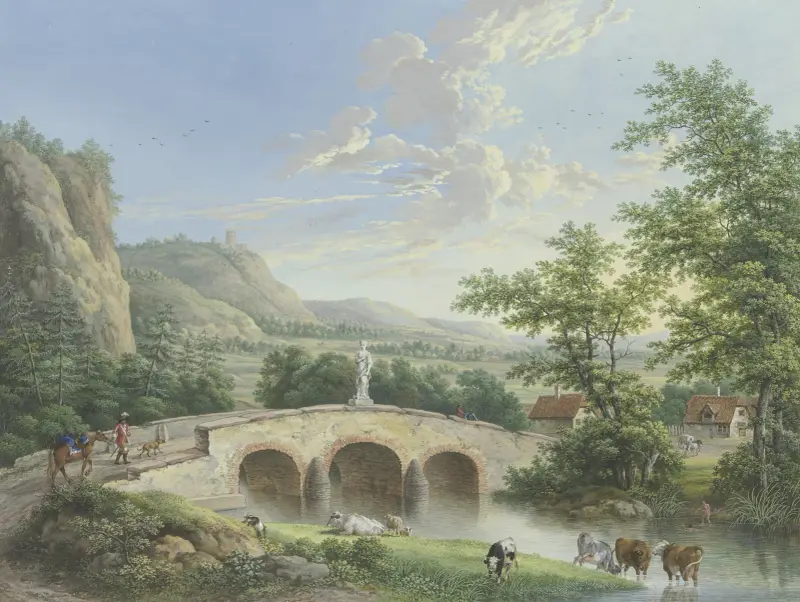 Dalgångslandskap med en stenbro, på vars bröstning en antik skulptur är uppställd av Johann Georg Pforr