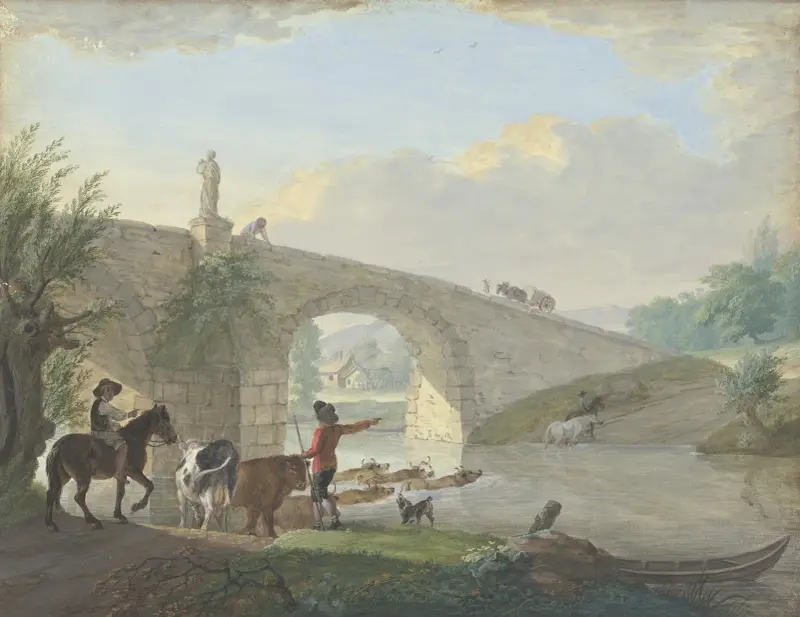 Viehherde mit zwei Hirten, bei einer Steinbrücke durch das Wasser schwimmend von Johann Georg Pforr