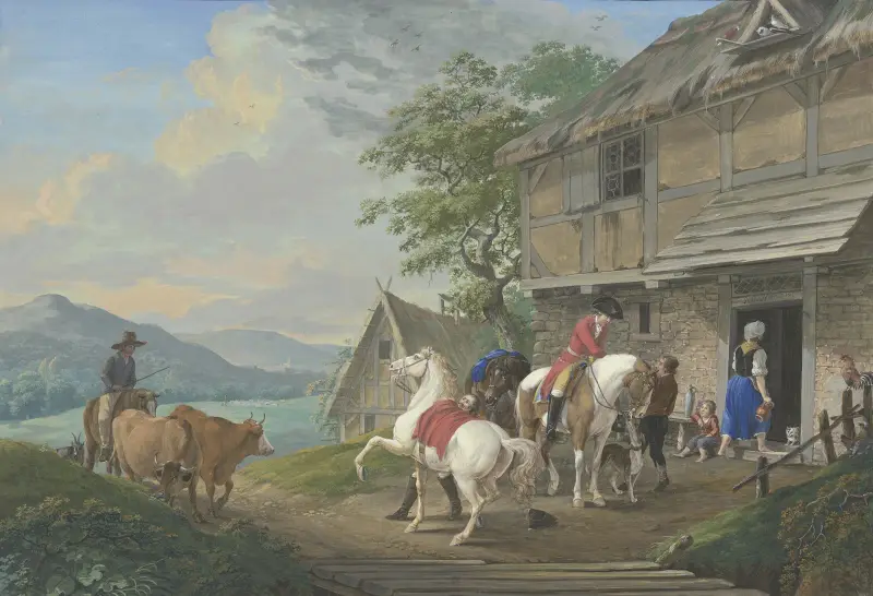 Två ryttare med packhäst stannar utanför en bondgård av Johann Georg Pforr