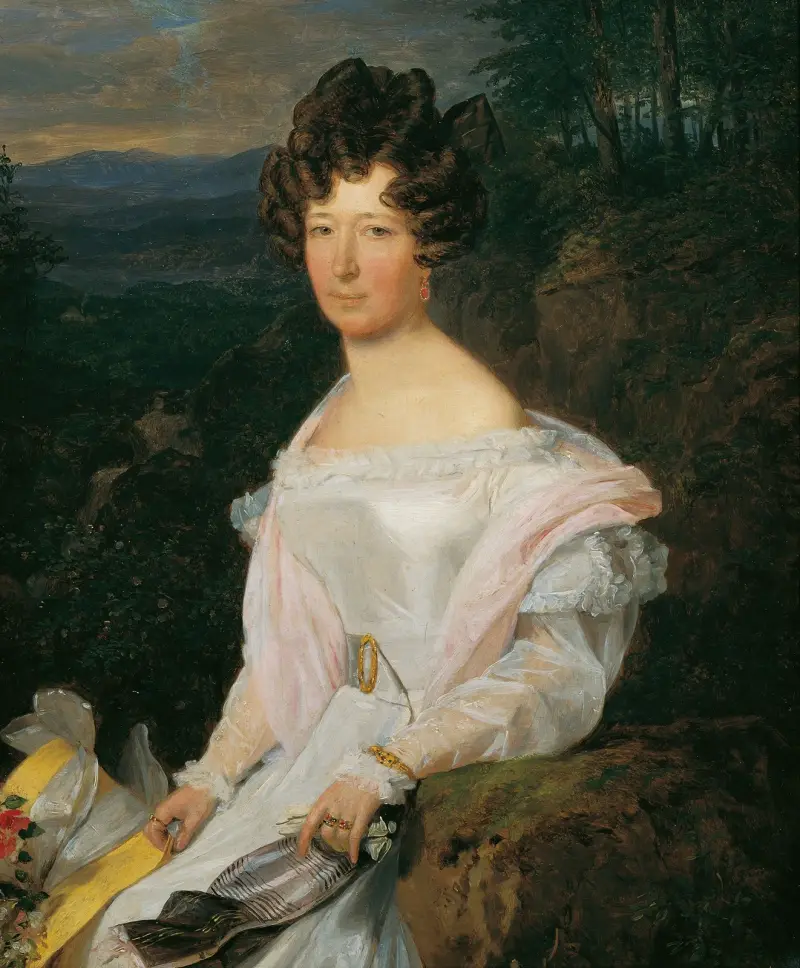 Dame in weißem Kleid vor einer Wienerwaldlandschaft von Ferdinand Georg Waldmüller