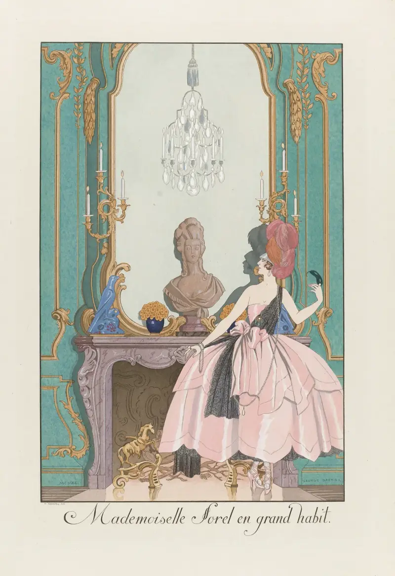 Mademoiselle Sorel i stor dräkt av George Barbier