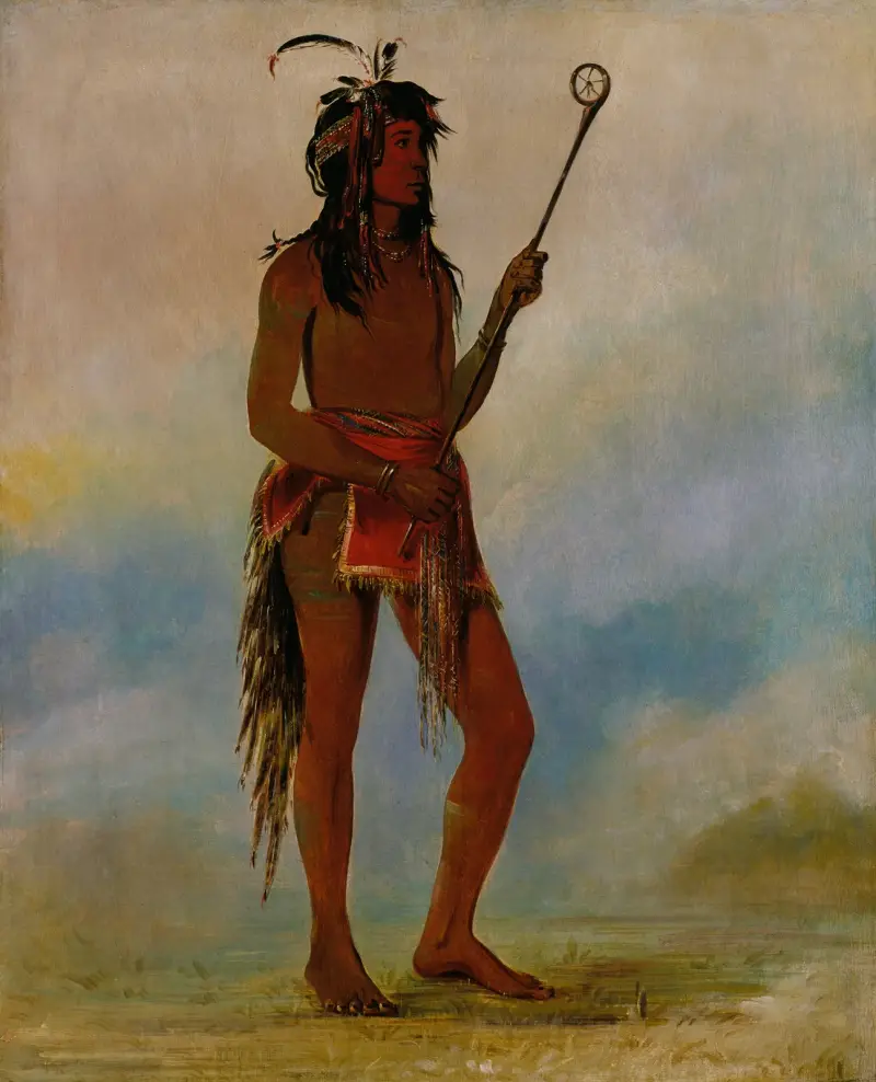 Ah-Nó-Je-Nahge, han som står på båda sidor, en framstående bollspelare av George Catlin