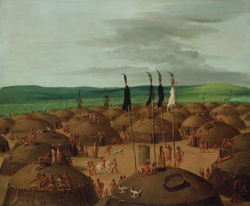 Fågelperspektiv över mandanbyn, 1800 mil ovanför St. Louis av George Catlin