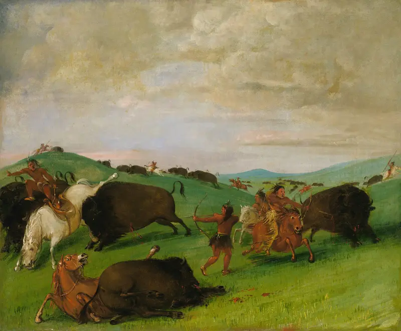 Buffeljakt, tjurar som strider mot män och hästar av George Catlin