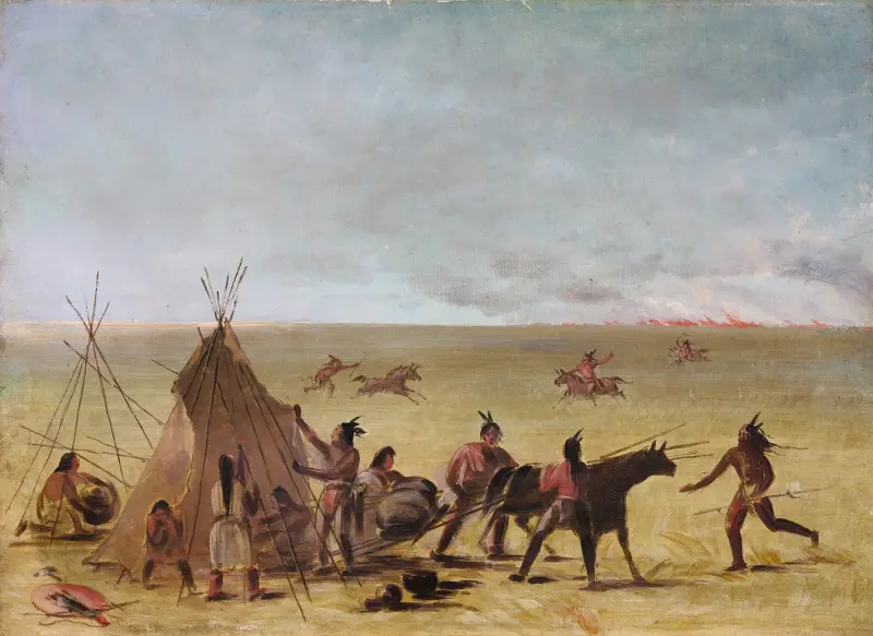 Indianfamilj som skräms av en präriebrand av George Catlin