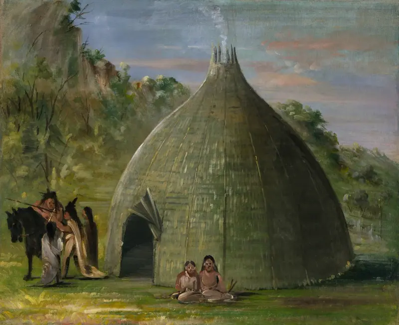 Wichitabostad, täckt med präriegräs av George Catlin