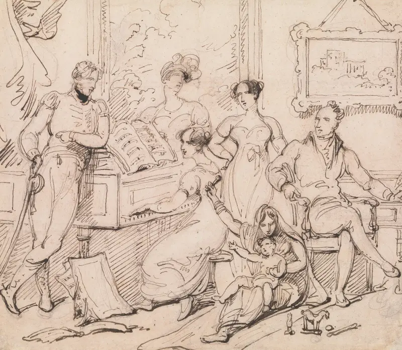 En familjegrupp kring ett piano av George Chinnery
