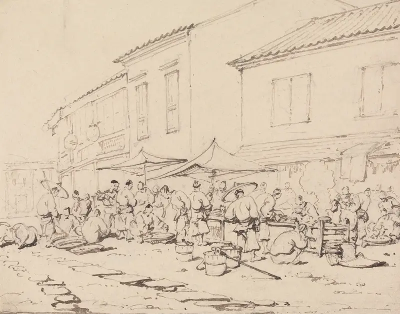 Ein Marktplatz und Menschengewimmel von George Chinnery