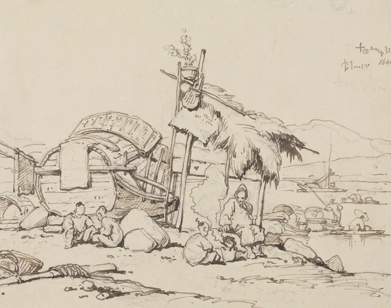 Old Man and Children Seated, Cooking av George Chinnery