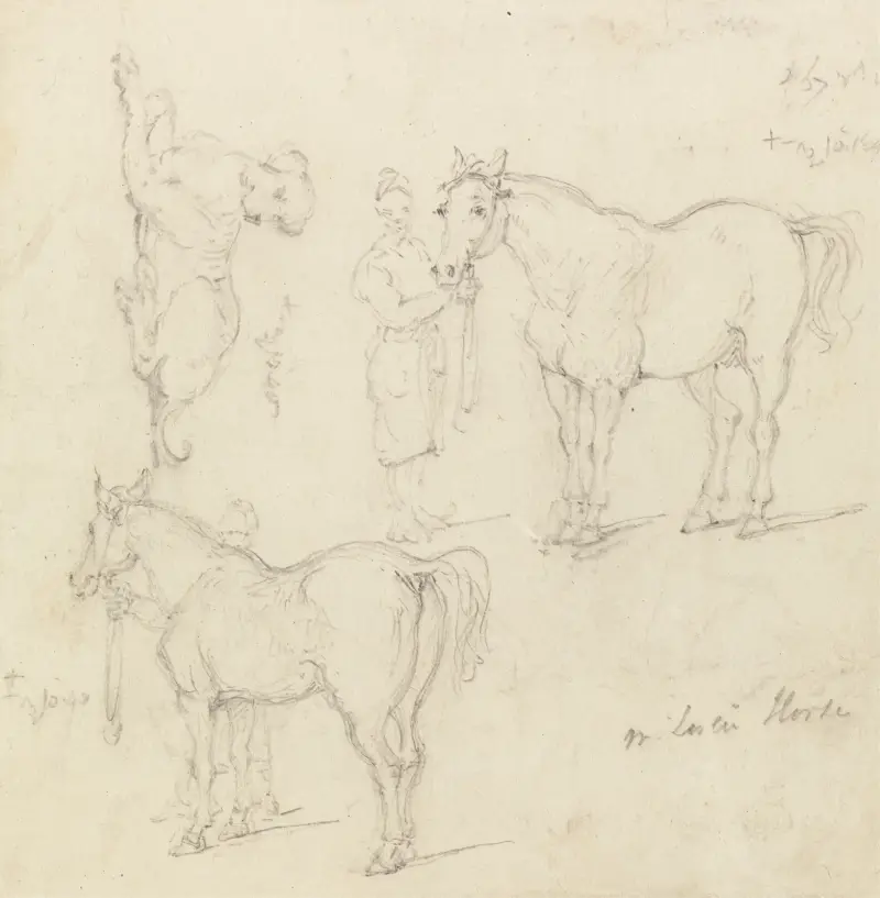 Studien von Pferden mit chinesischen Pferdeknechten und einem Hund von George Chinnery