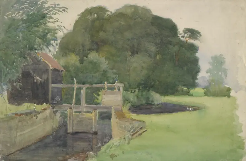 Landscape with lock gate av Sir George Clausen