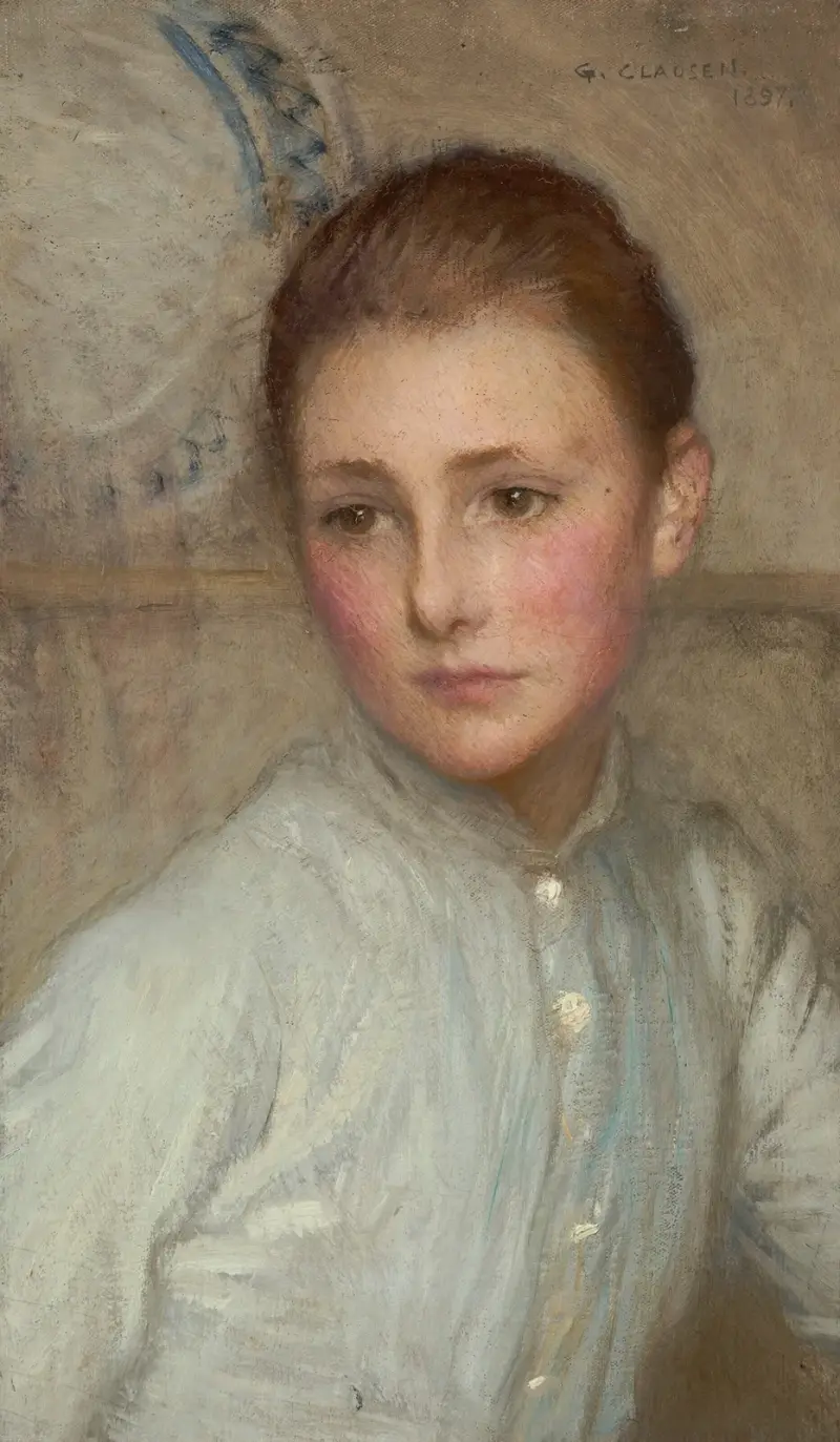 Porträtt av en flicka (förmodligen ”Lilla husan”), 1897 av Sir George Clausen