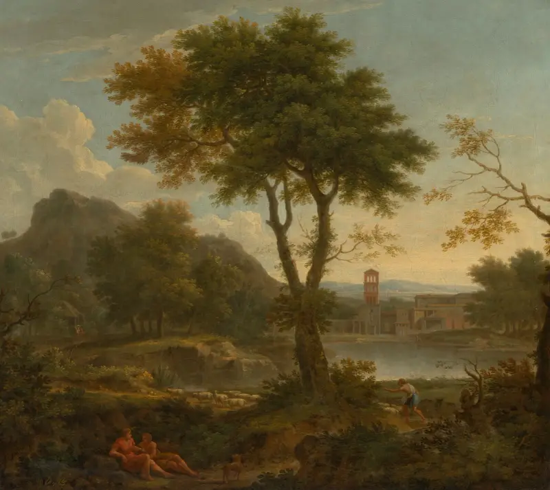 Italienskt landskap med herde och andra figurer, en sjö och ett kloster bakom av George Lambert