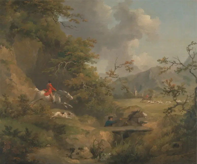 Rävjakt i kuperad terräng av George Morland
