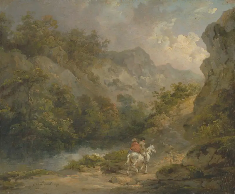 Kuperat landskap med två män på en häst av George Morland