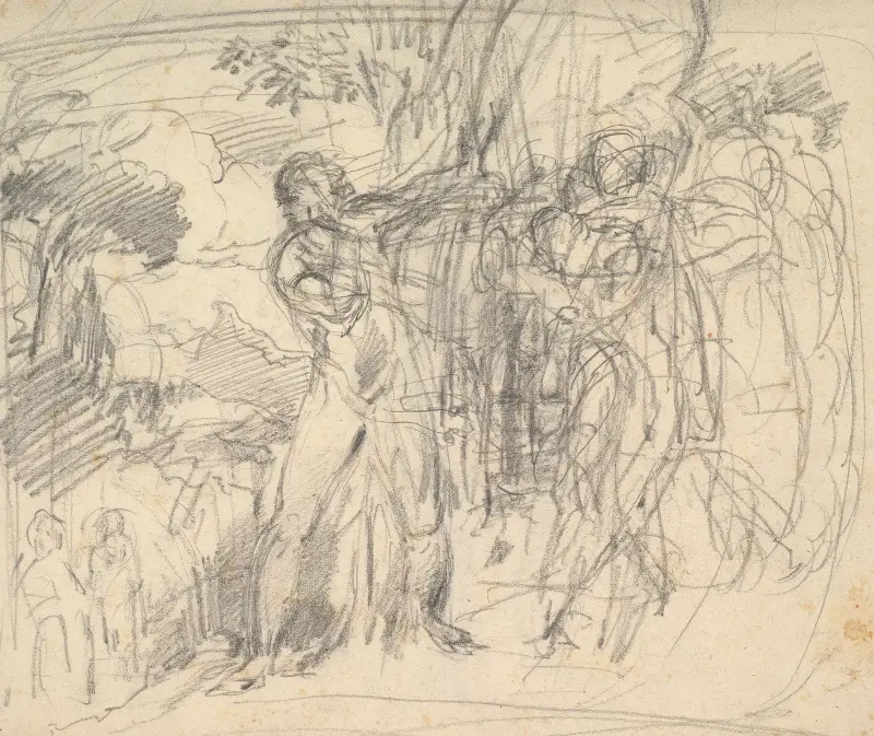 Studies of a Man’s Right Leg, after Titian, and a Profile, for ‘Comus–The Measure’ av George Richmond