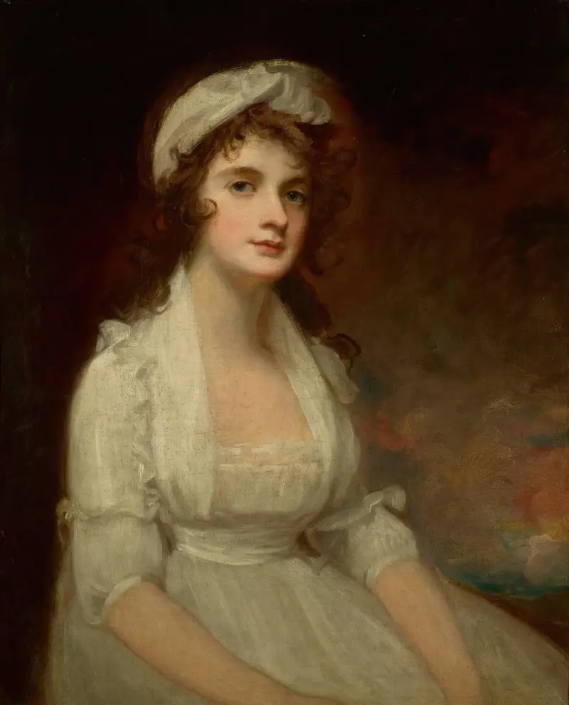 Porträtt av Miss Elizabeth Tighe (1774–1857), halvfigur, i vit klänning av George Romney